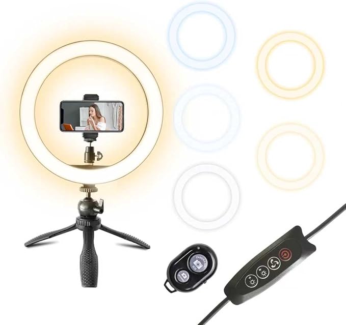 10" Desk Ring Light with Stable Tripod & Phone Holder, 120 LEDs 5-Color 10-Level Dimmable, Wireless Bluetooth Remote, Phone Selfie Light for Desk/Zoom/YouTube/TikTok