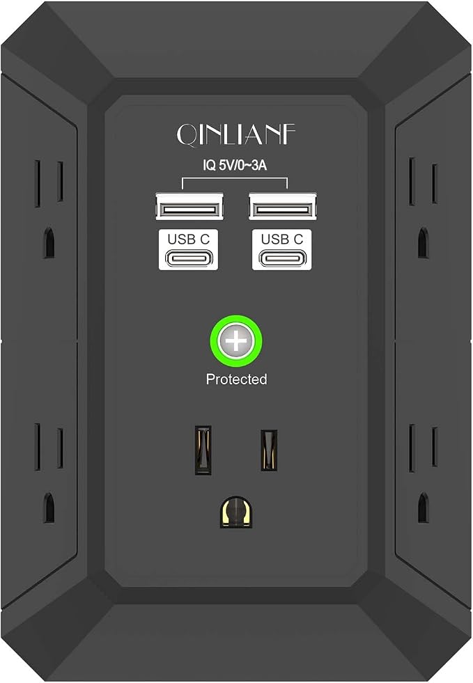 USB Wall Charger, Surge Protector, QINLIANF 5 Outlet Extender with 4 USB Charging Ports(2U2C) 3-Sided 1680J Power Strip Multi Plug Outlets Wall Adapter Spaced for Home Travel Office,Black