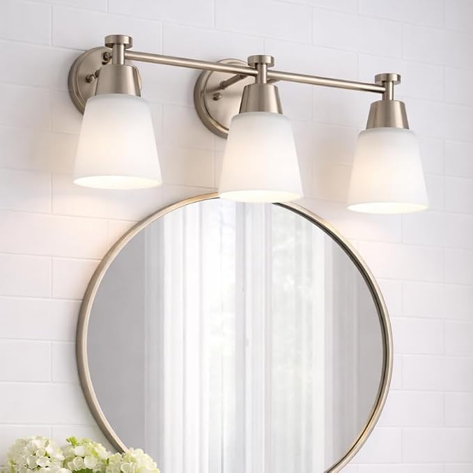 3-Light Bathroom Vanity Light, Brushed Nickel Finish with Milk Glass Shades, Over Mirror, for Bathroom Vanity