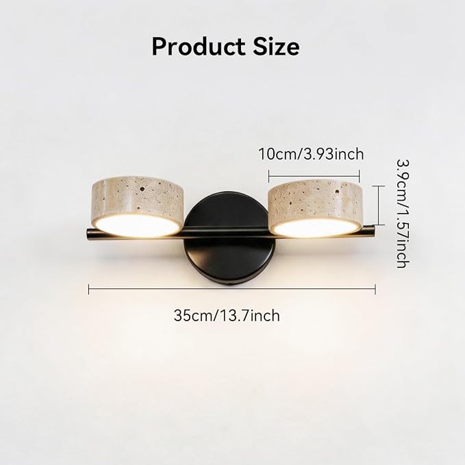 Led Bathroom Lighting Fixtures Over Mirror with 2 Travertine Shades,Vanity Lights Wall Lamp, 180° Rotatable Stone Lampshades Bathroom Lights, Modern Farmhouse Stone Sconces Black