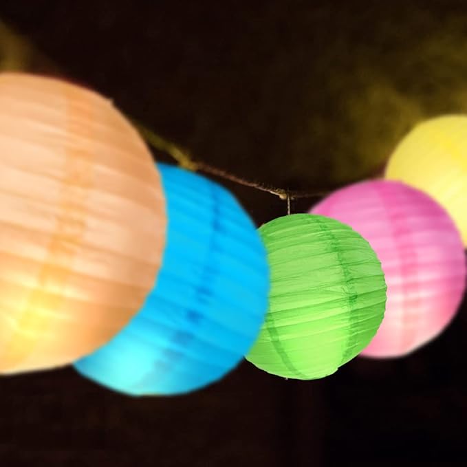 DazzLiteer 12pcs Colorful Paper Lanterns with LED Light, Decorations Round Hanging Paper Lantern Lamps for Birthday, Wedding, Party, Home Decorations (Size of 8”, 10”, 12”)