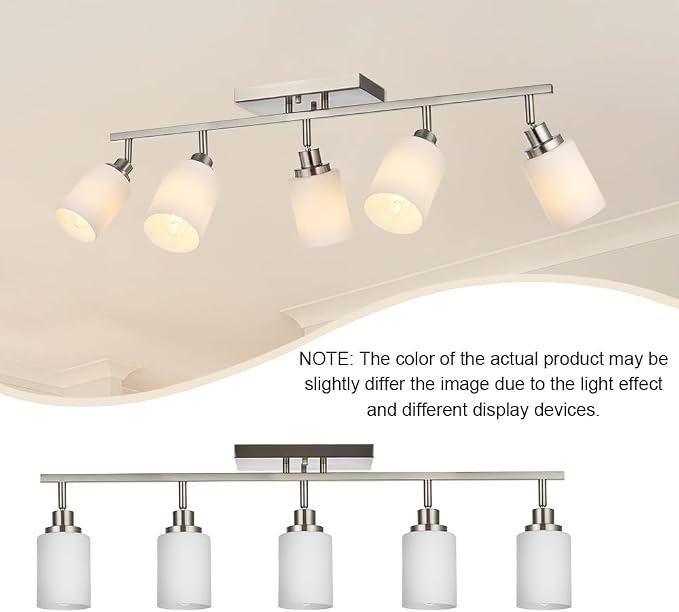 5-Lights Complete Track Lighting Kits in Brushed Nickel, Modern Spotlight Ceiling Lighting with Opal White Glass, E26 Bulb Base