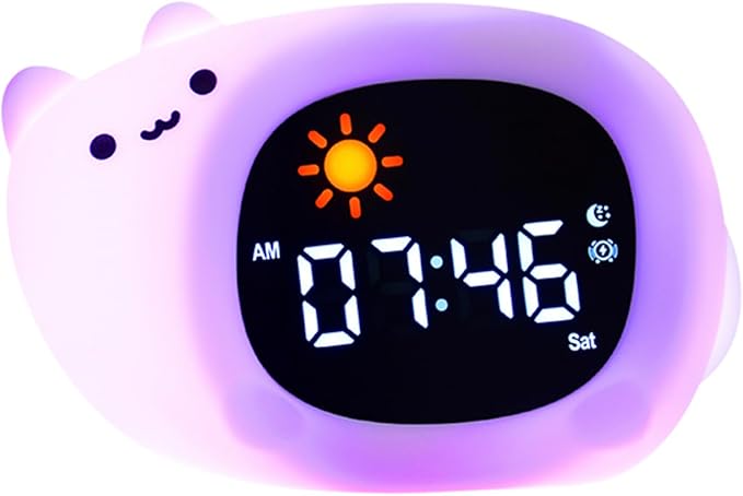 Cat Cartoon Ok to Wake Alarm Clock, White Noise Tap Night Light for Room | 6 White Noise Sounds, 8 Light Modes, Dual Alarm & Snooze, Dimmable LED, Type-C Rechargeable, 12/24 Hour Display