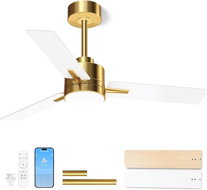 LANMEL Metal Ceiling Fan with Lights and Remote, 42 Inch, Gold & White | Modern Low Profile Flush Mount, Reversible, 3CCT Dimmable, Quiet, LED, For Bedroom, Living Room, Indoor/Outdoor Patio Use