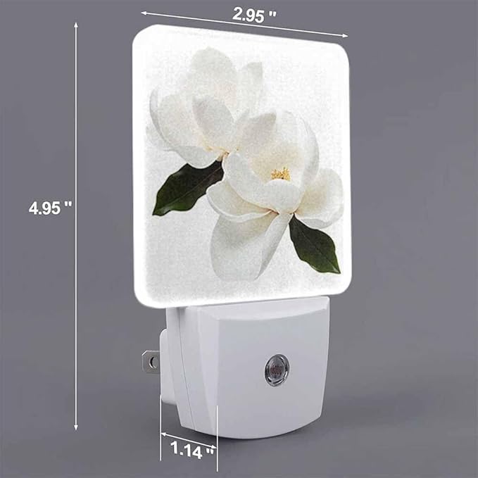 Magnolia Flower Night Light Plug-into Wall White Flowers and Green Leaves Nightlight Lamp with Dusk to Dawn Sensor, Led Lamp 0.5W Energy Efficient for Home Decor
