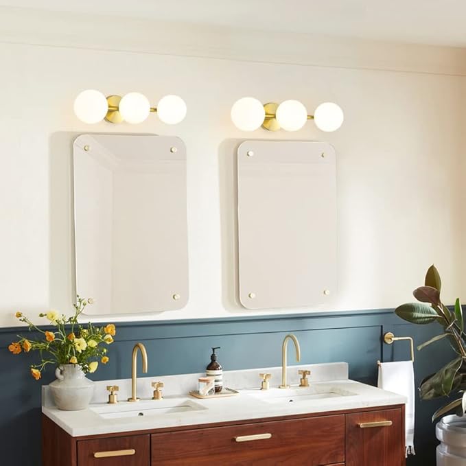 Bathroom Vanity Lights, 3-Light Bathroom Light Fixtures Gold Bathroom Lights, Mid Century Modern Brass Gold Vanity Light Dimmable Wall Sconce Wall Mount Light Fixture with Milk Glass, G9 Base