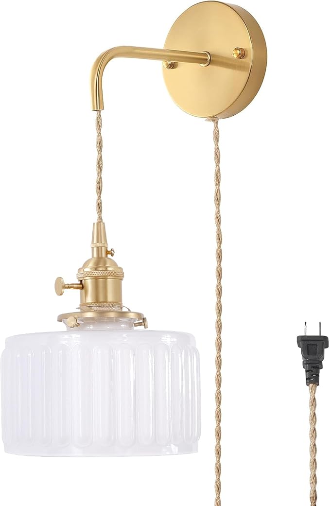 Shenmoyl Vintage Wall Sconce with White Striped Glass Shade Hanging Wall Sconce with 4.9FT Plug in Cord, Modern Wall Lamp Fixtures Decor for Bedside Bedroom Indoor Doorway