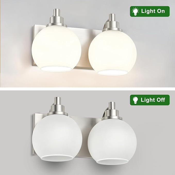 IZORRO Bathroom Light Fixtures, 2-Light Brushed Nickel Vanity Light, Modern Wall Sconces with Globe Milk White Glass Shade, Vanity Lighting Fixtures Over Mirror,E26 Bulb Socket