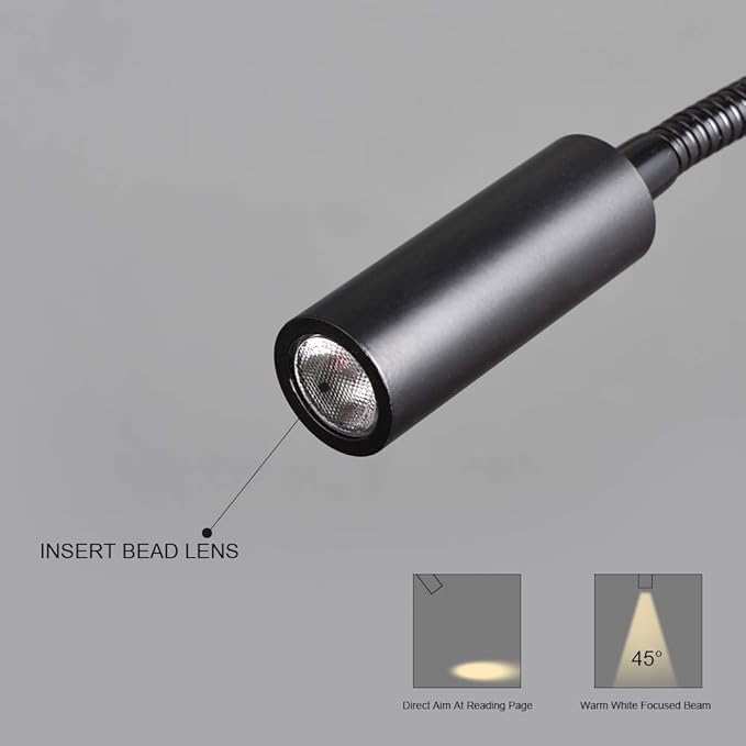 Wall Mounted Reading Light Touch Switch Dimmable LED 3W Warm White 3000K AC Adaptor (Black)