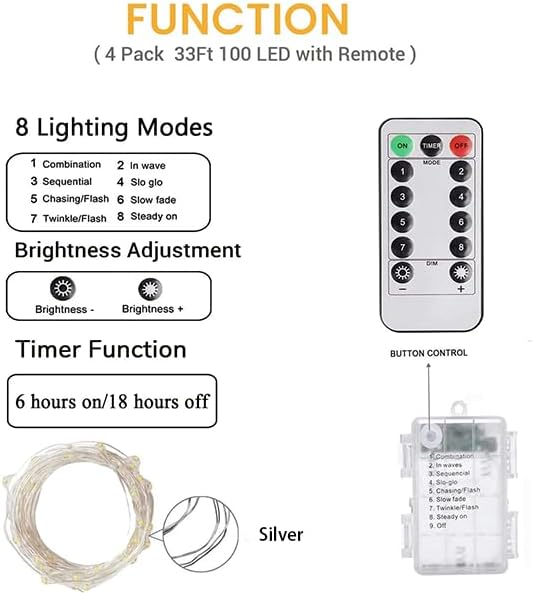 33FT 100 LED Fairy Lights Battery Operated with Remote and Timer Cool White | Remote Control, 8 Modes, Timer, Adjustable brightness, Waterproof Lights for Indoor Outdoor Classroom Christmas Decor