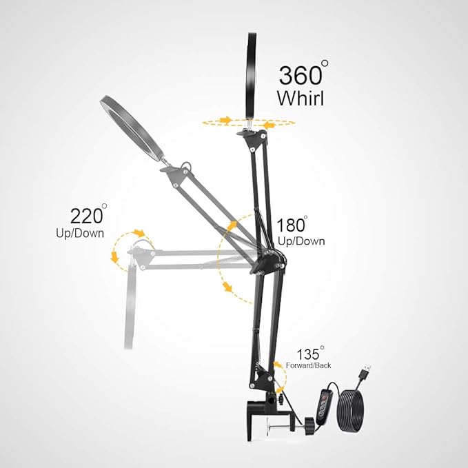Magnifying Glass Light Clamp Desktop Lamp Stand Desk Table Close Work Up for Crafting, Model Assembly, Reading, Sewing, Jewelry Making, 10X-5X HD Magnifier 50 illumination Options for Elderly