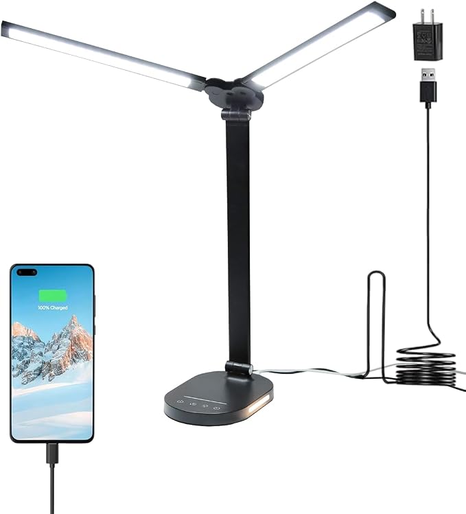 LED Desk Lamps for Home Office, 14W Bright Double Swing Arm LED Desk Lamp with USB Charging Port, Eye-Caring Task Lamp, Desktop Lamp with Night Light Table Read Light for Bedroom Work Study Craft