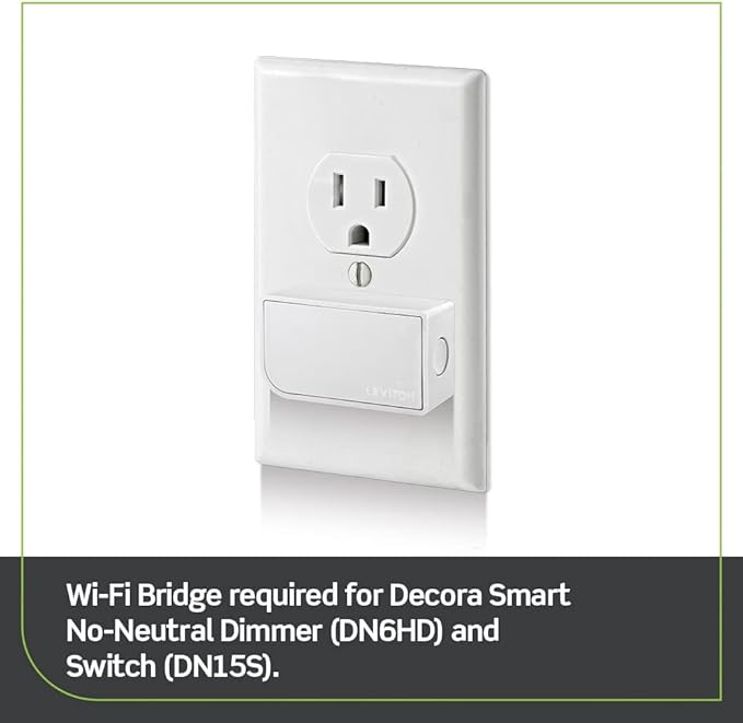 Leviton No-Neutral Decora Smart Switch, Requires MLWSB Wi-Fi Bridge to Work with My Leviton, Alexa, Google Assistant, Apple Home/Siri & Wire-Free 3-Way DN15S-1RW, White