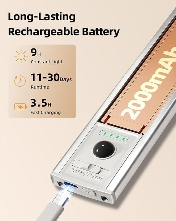 EZVALO Under Cabinet Lighting, 2000mAh Rechargeable Motion Sensor Lights Indoor, LED Dimmable Closet Lights, 3 Color Temps with Battery Indicator, Under Counter Lights for Kitchen, Stair