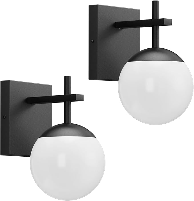 Ralbay Black Indoor Wall Sconces Set of 2,Mid Century Modern Bathroom Wall Lighting Fixtures Milky Glass Wall Lamp for Bedroom Living Room Vanity Hallway, Matte Black (Exclude Bulb)