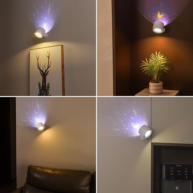 LED Wall Mount Light with Projection Rechargeable Wall Light, 3 Color Temperatures, Remote Control and Touch, 360° Rotating Dimmable Cordless Wall Light for Study Bedroom Reading Bedside (white)