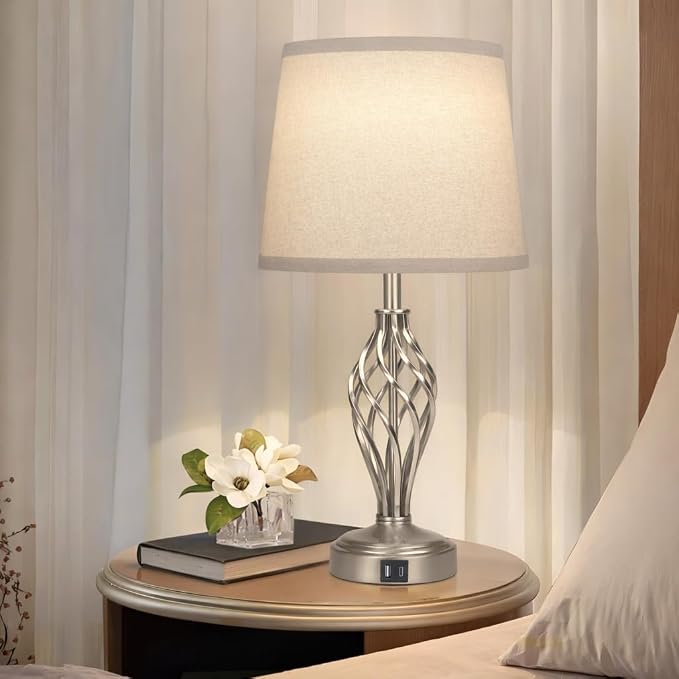Ruiever Touch Table Lamps Set of 2, nightstand lamp with USB Ports Bedside 3 Way Touch dimmer Desk lamp for Living Room Bedroom,Nickel Plated Spiral cage Base Design Warm White dimmer Bulbs Included.