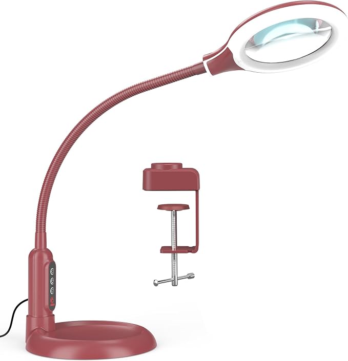 10X Magnifying Glass with Light and Clamp, 5 Color Modes Stepless Dimmable Lighted Magnifier with Stand, Flexible Gooseneck LED Desk Lamp Hands Free for Craft Painting Hobby Close Work - Red