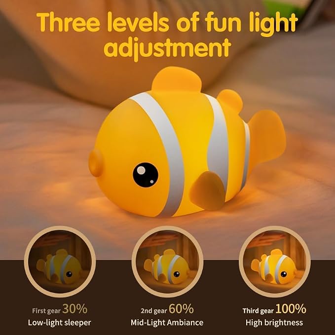 Clownfish Night Light, Rechargeable Silicone Touch Lamp, 3 Levels