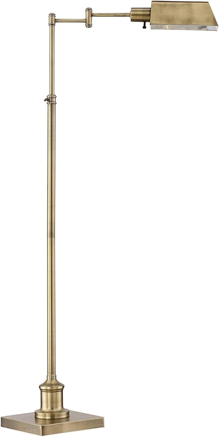 Jenson Adjustable Height Brass Swing Arm Pharmacy 54" Tall Floor Lamp | Traditional Farmhouse Metal Aged Shade Standing Pole Light for Living Room Reading House Bedroom Home Office