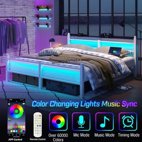 CollaredEagle Bed Frame with Headboard and Footboard, Metal Bed Frame with Charging Station and LED Lights, Under Bed Storage, No Box Spring Needed,Noise Free, Black (White, King (U.S. Standard))