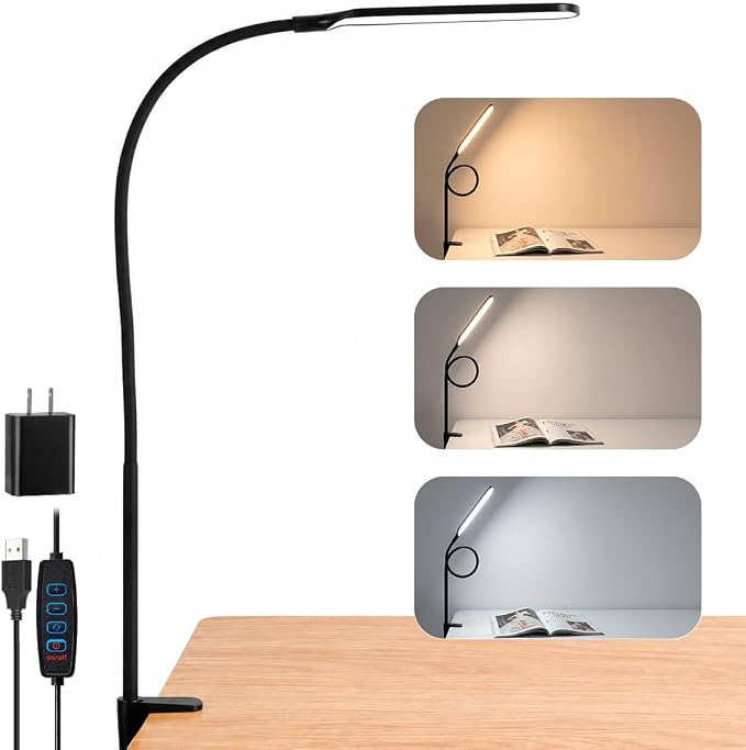 Long Gooseneck LED Clamp Desk Lamp, Eye-Caring Reading Light | Dimmable Clip on Lamp, 800LM, 3 Colors and 10 Modes, for Office Home Task