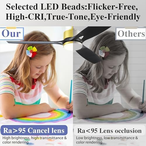 Ceiling Fans with Lights and Remote - 52 Inch Smart App Control Modern Low Profile Fandelier - Flush Mount for Living Room, Bedroom, Farmhouse - 35w Led Lighting Bulb - Quiet DC Motor - Black Gold