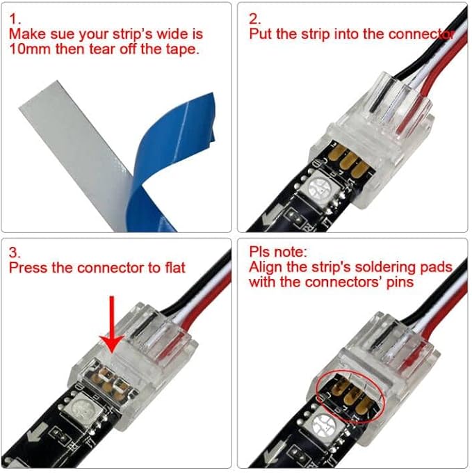 HAMRVL 12 Packs 3 Pin Led Light Connectors for WS2812B WS2811 RGB Led Strip 10mm, Solderless Transparent LED Strip to Wire Connector with 19.68Ft Extension Connection Cable 22 AWG (3 Pin, 10 mm)