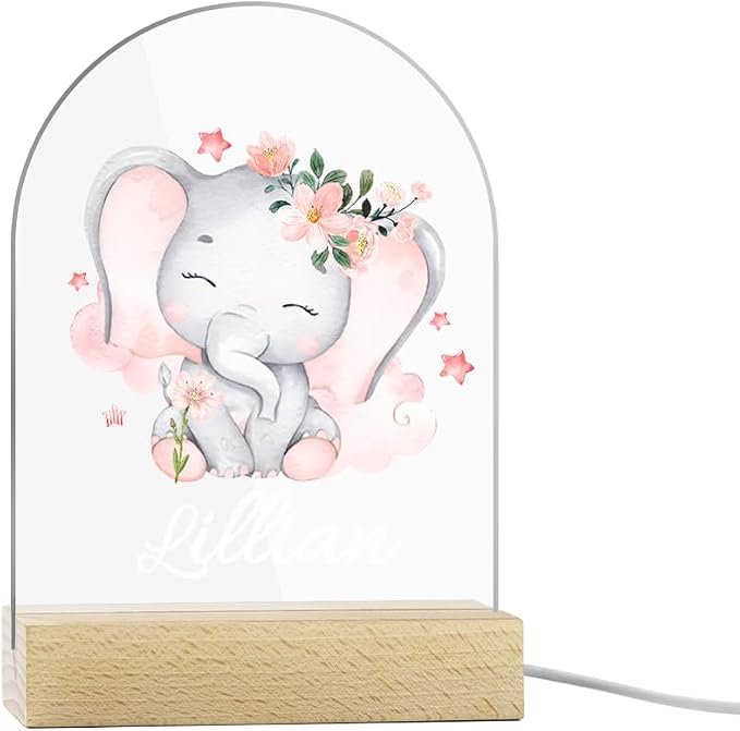 Personalized LED Night Light Elephant Design Custom Name Acrylic Light with Wood Base Gifts for Kids