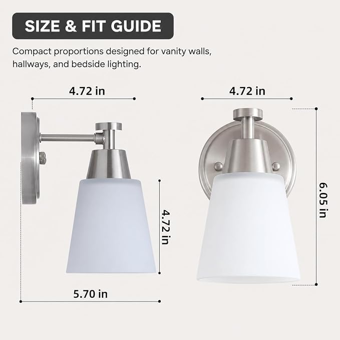 1-Light Bathroom Vanity Light, Brushed Nickel Finish Wall Sconce with Milk Glass, Over Mirror, for Bathroom Vanity