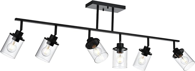 Yaohong 6-Light Track Lighting Kit Black Track Lighting Fixtures, Bathroom Wall Light Ceiling Mount Rotatable Spotlights, Kitchen Ceiling Light Fixtures with Glass Shade for Bathroom Hallway Shop