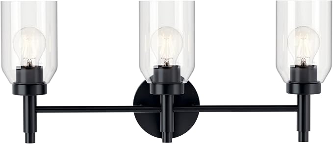 Kichler Madden 3-Light Bathroom Vanity Light, Black | Modern vanity light with clear glass for single bathroom mirrors (24" x 10.5"), 55185BK