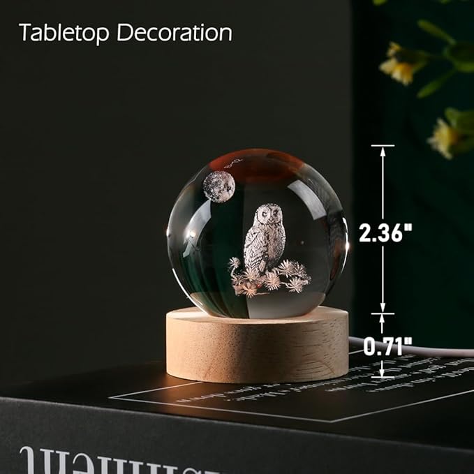 3D Owl Crystal Ball 60mm Owl Figurines in Crystal Ball Decor Collectibles Snow Globes Gift Glass Sphere with Wooden Light Base