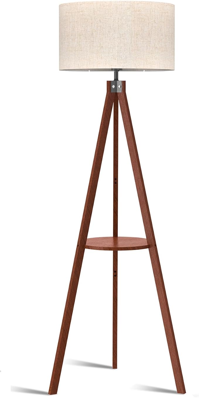 LEPOWER Shelf Floor Lamp Tripod Mid Century Modern Lamps for Living Room | Light-Diffusing Linen Shade, Premium Rubberwood, E26 Base, Foot Switch, Adding Warmth to Bedroom, Office & Study Corner Brown