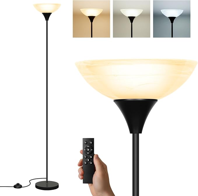 LALISU Floor Lamp, Standing Lamps with Glass Shade, Led Floor Lamp Remote Floor Lamps Modern Industrial Lamp, Tall Lamps for Living Room Bedroom Office Dining Room (Black and Glass)