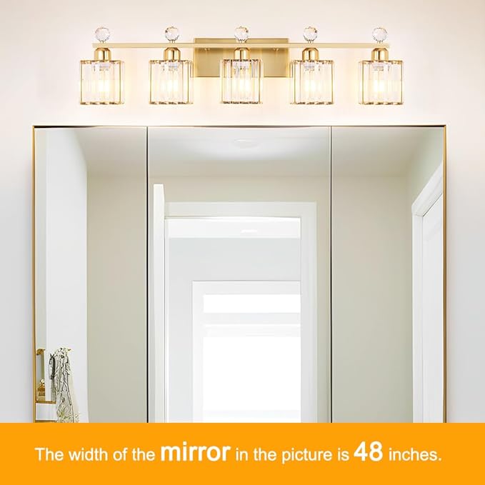 Bathroom Vanity Lights Over Mirror - Easy Installation with Clear Guide, 5-Light Shadow-Free Design, Gold Crystal Finish - for Modern Home Bathroom Lighting Fixtures in DIY Projects