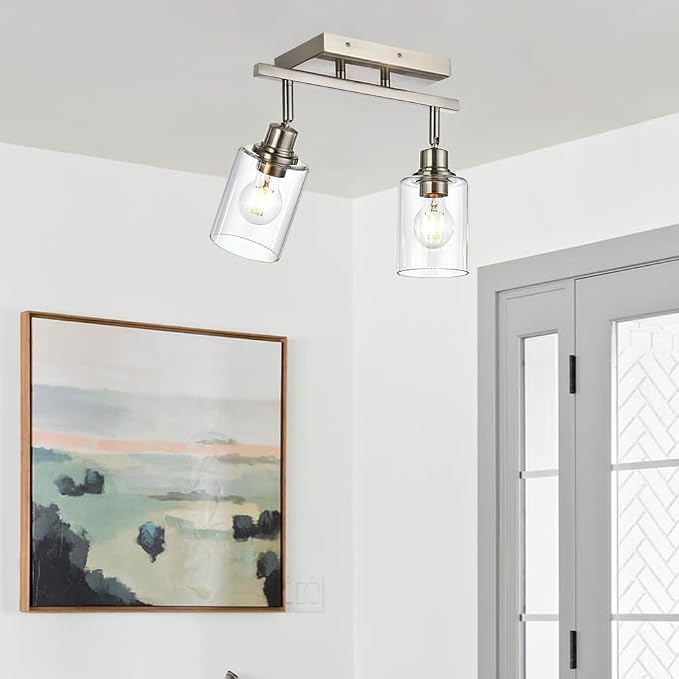 2 Light Track Lighting Fixtures Ceiling, Modern Brushed Nickel | Track Lighting Kit with Clear Glass, Bathroom Wall Scones, Rotatable Spotlight Ceiling Mount for Kitchen Hallway