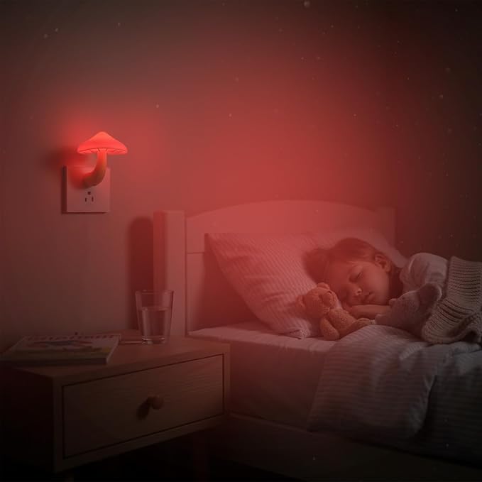 Red LED Mushroom Night Light Plug in Lamp, Light Sensor Night Lights Plug into Wall, Dusk to Dawn Sensor Night Light for Adults Kids Room Bedroom Bathroom Hallway Kitchen