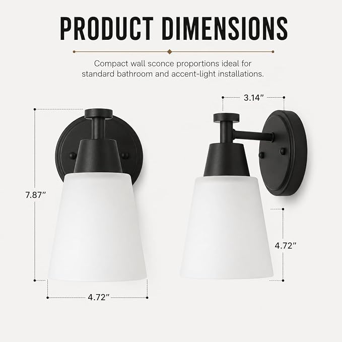 Wall Light Fixtures 2 Pack, Matte Black Vanity Lights with Milk Glass Shades, Modern Farmhouse Wall Sconces for Gallery, Mirror, Bedroom, and Bathroom