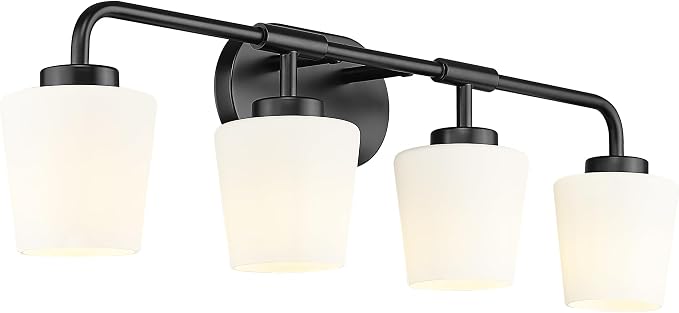 4-Light Black Bathroom Light Fixtures Over Mirror, White Glass | Vanity Lighting Fixtures with Milk White Glass, Vintage Farmhouse Wall Sconces Lighting, AD-22004-4W-BK