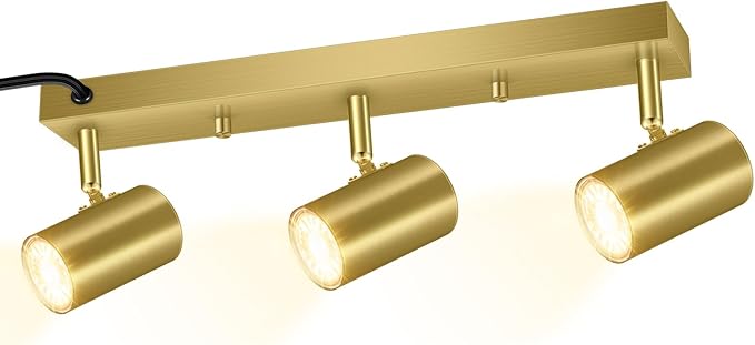 3 Light Track Lighting Kit,Gold 3 Way Modern Plug in Ceiling Spotlight,Industrial LED Wall Light for Kitchen Cabinet Gallery Bar Hallway Living Room,Rocker Switch,15 Foot Cord(No Bulb)