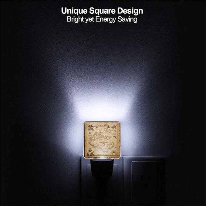 Brown Treasure Map Night Lights Plug into Wall Pirate Ship Sailing Adventure Night Light with Dusk to Dawn Sensor for Home Bedroom Bathroom Living Room 0.5W Sleep-Friendly