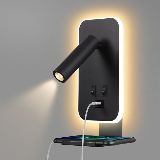 LED Wall Lamp Wall Mounted Reading Lights, Adjustable Headboard Plug in Wall Sconce with USB Ports, Headboard Bedside Lamp with 3W+9W Night Light 3000K, Bedroom ambiance Lighting, Black