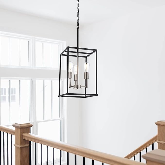 3 Lights Lantern Kitchen Island Pendant Lighting in Black and Brushed Nickel Finish, Industrial Hanging Lantern Chandelier for Dining Room Living Room Adjustable Height