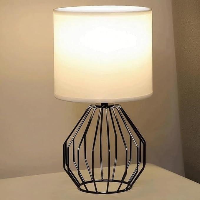 Small Table Lamp Black, Modern Minimalist Desk Lamp with Metal Base White Fabric Shade, Bedside Nightsand Table Lamp for Bedroom, Living Room, Kis Room