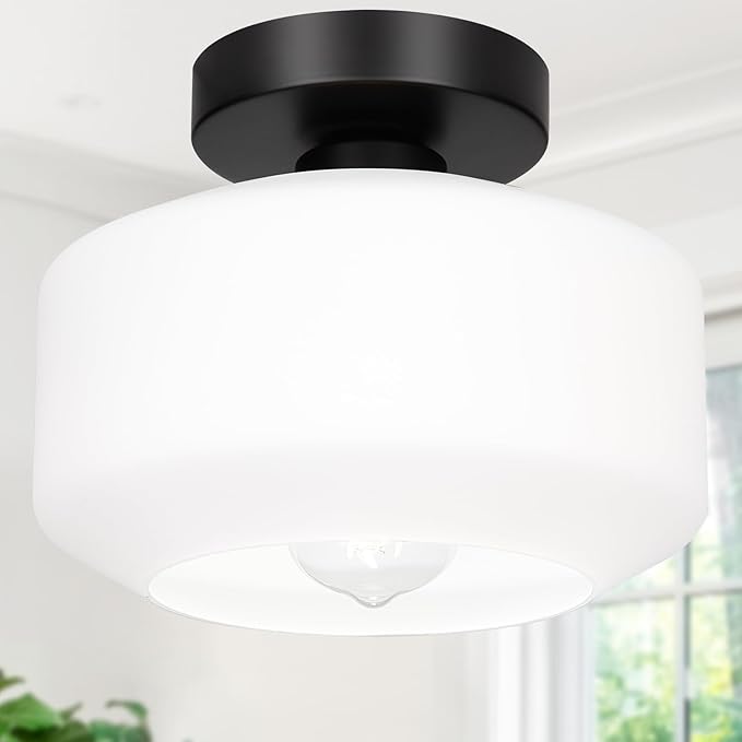 Lynnoland Industrial Semi Flush Mount Ceiling Light, Milky White Glass Shade Ceiling Light Fixture, Black Light Fixture for Hallway Bathroom Bedroom, Vintage Hanging Light Fixtures