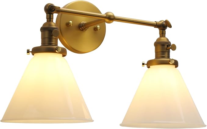 Double Sconce Vintage Industrial Gold 2-Lights Wall Sconces with Funnel Flared Glass Milk Glass Shade Antique Scocne for Bathroom Living Room Home Office