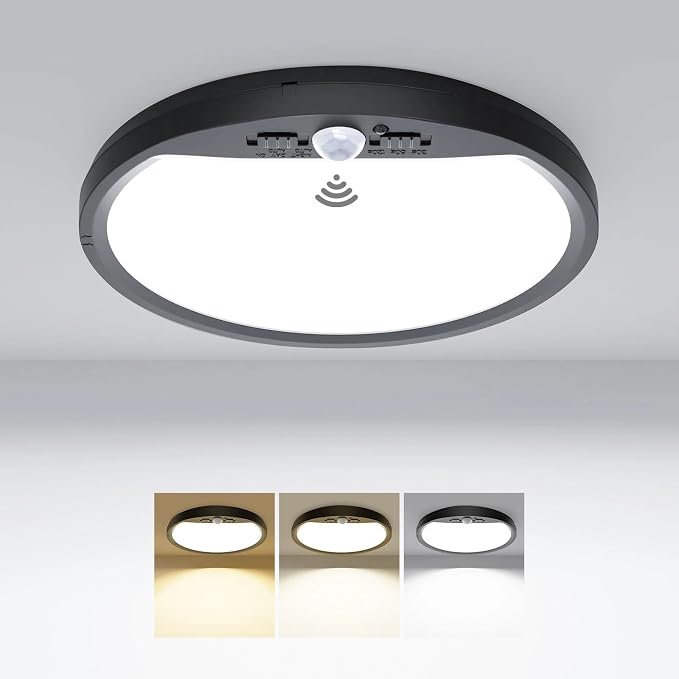 hepside Motion Sensor Ceiling Light Wired, 3000K/4000K/6500K LED Flush Mount Ceiling Light Fixture, 7Inch 15W Motion Sensor Light with Timer for Closet Stair Porch Hallway Pantry,Black