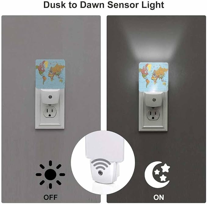 World Map Night Lights Plug into Wall Colored World Map Night Light with Dusk to Dawn Sensor for Home Bedroom Bathroom Living Room 0.5W Sleep-Friendly