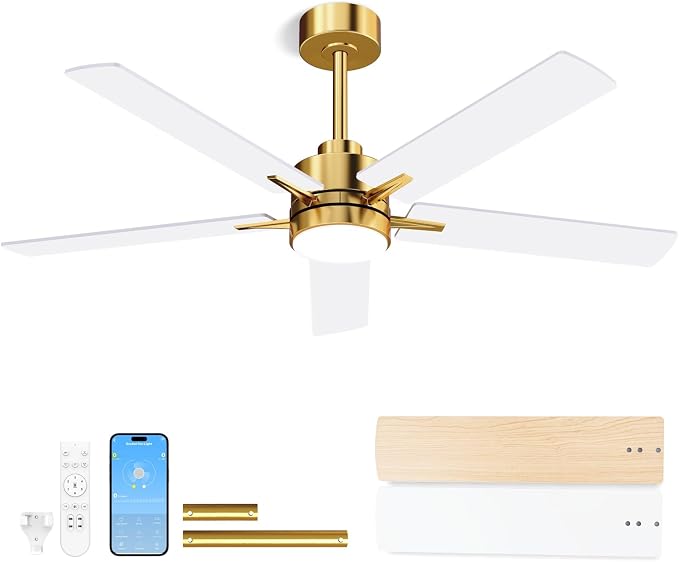 LANMEL Metal Ceiling Fan with Lights and Remote, 52 Inch, Gold & White | Modern Low Profile Flush Mount, Reversible, 3CCT Dimmable, Quiet, LED, For Bedroom, Living Room, Indoor/Outdoor Patio Use